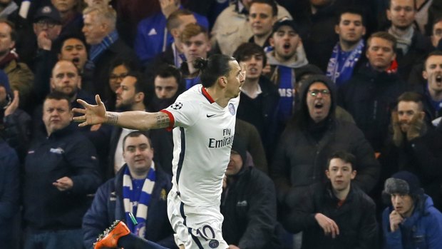 PSG's Zlatan Ibrahimovic celebrates scoring his side's second goal against Chelsea.