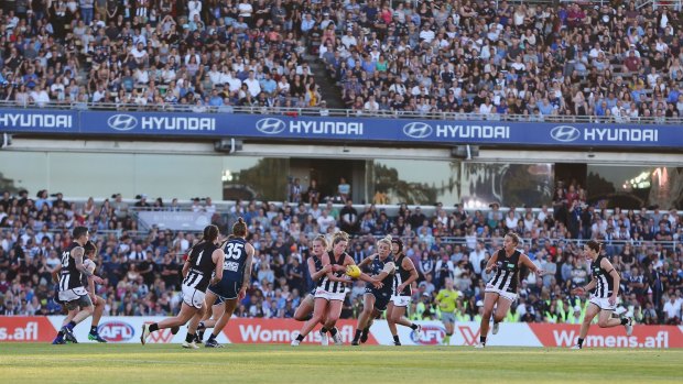 A packed crowd at Princes Park watches Carlton thump Collingwood on Friday.