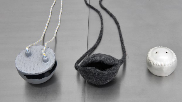 From left, Nicholas Bastin's Grey Egg with Crack, Kiko Gianocca's  Untitled, and Claire McArdle's  Untitled.