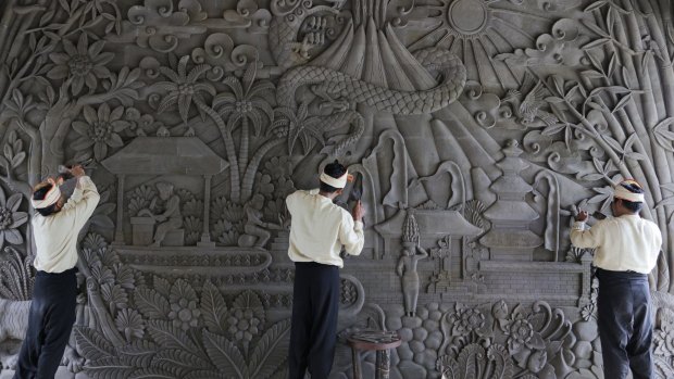 Stone carving in the foyer of the John Hardy Workshop, Ubud, Bali.