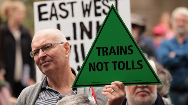 Not wanted: Protesters at a demonstration this month against the East West Link that three councils are challenging in the courts.