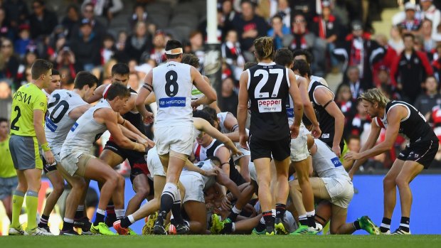 A melee breaks out between the Saints and the Blues.