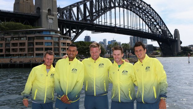 No place like home: Australian Davis Cup captain Lleyton Hewitt with team members Nick Kyrgios, Sam Groth, John Peers and Bernard Tomic at Circular Quay.