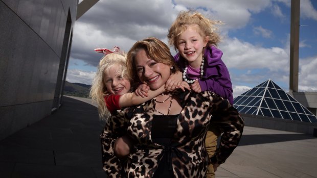 Former MP Sophie Mirabella with her children Kitty and Alexandra at Parliament House.