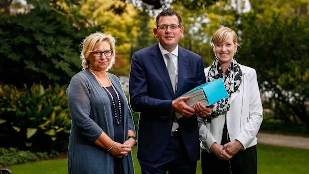 Premier Daniel Andrews with Rosie Batty and Fiona Richardson in March 2016.