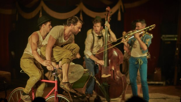 Top-notch jazz musicians pump out throbbing tunes centre stage, while acrobats zoom around them, piled three high onto a bicycle.