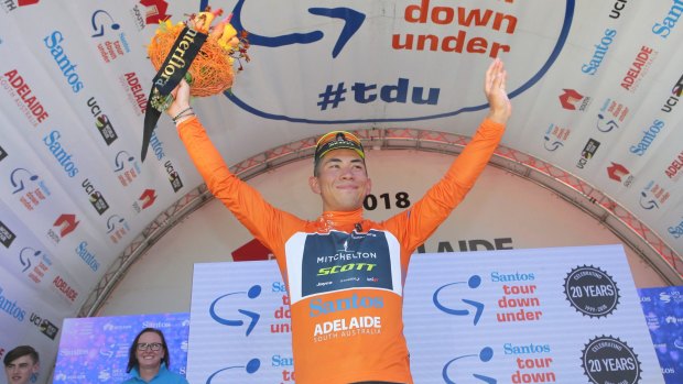 Caleb Ewan celebrates winning stage two of the Tour Down Under.