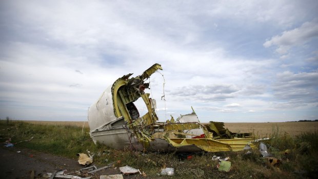 Remnants of a tragedy: Part of the MH17 wreckage near Hrabove.