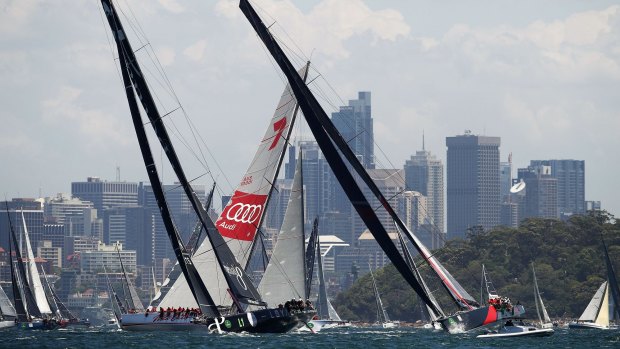 Perpetual Loyal vies with Wild Oats XI and Scallywag at the race start.