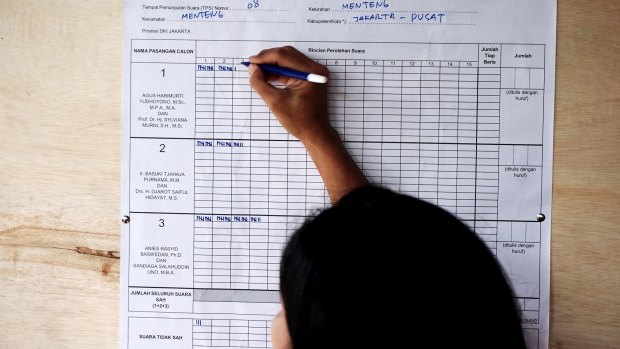 Election workers count ballots at a polling station in Jakarta on Wednesday.