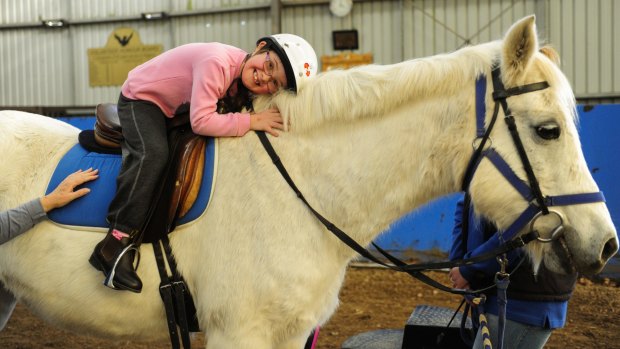 Sasha Mead, 8, of Murrumbateman, riding horse Gideon at Pegasus in Holt. 