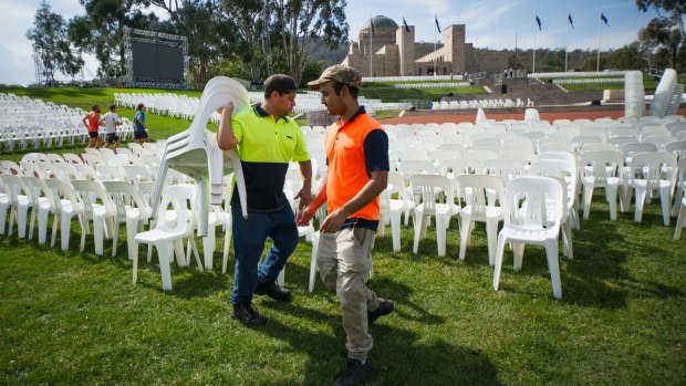 Australian War Memorial set up for Anzac Day services with Hamish Griffen and Rohin Ashkbar. 