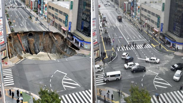 The sinkhole, left, appeared on November 8. The road reopened a week later.  