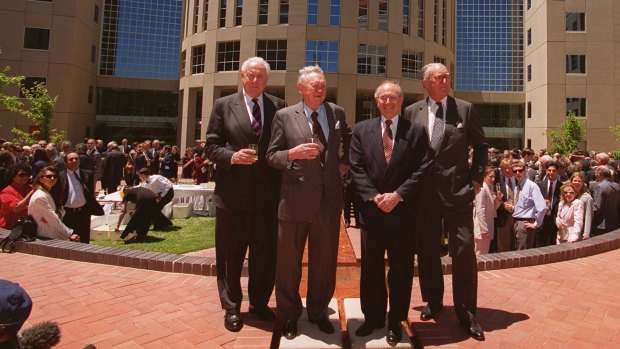Then prime minister John Howard opens the R. G. Casey Building in November 1996 with former prime ministers Gough Whitlam, John Gorton and Malcolm Fraser.