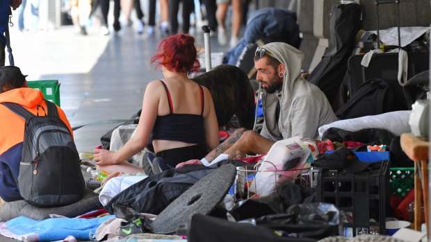 Homeless people at the camp near Flinders Street Station.