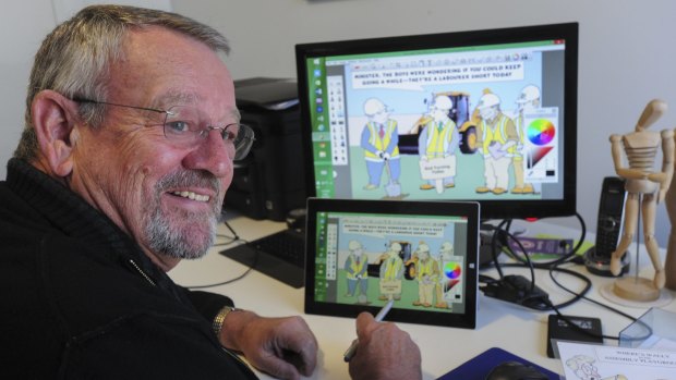 Former ACT treasurer Ted Quinlan at his Deakin home, working on his computer assisted cartooning skills.