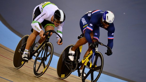Hot pursuit:  Gregory Bauge of France (right) leads Matthew Glaetzer of Australia in the Men's Sprint Quarter Finals.