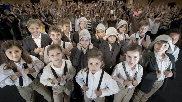 Some of the kids who play 'Lennie' in Clifton Hill Primary School's new musical about Lennie Gwyther, 9, who in 1932 rode his pony 1000km from Leongatha to the opening of the Sydney Harbour Bridge. 