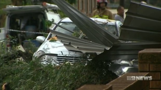 A fallen tree and debris on a street in Lilyfield.