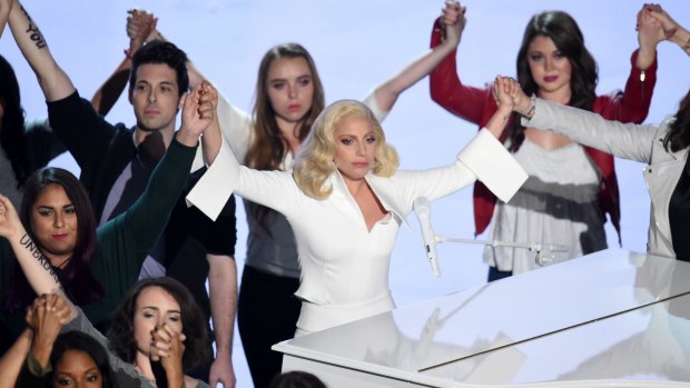 Singer-songwriter Lady Gaga performs onstage during the 88th Academy Awards.