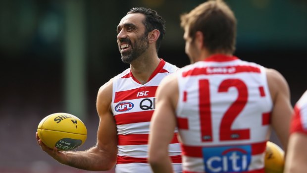 Adam Goodes shares a laugh with a team mate during a Sydney Swans training session this week.