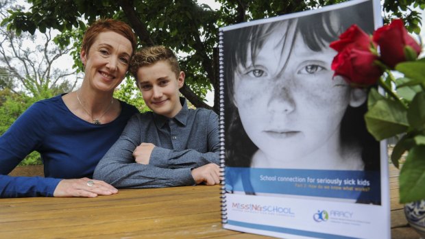 Co-founder of Missing School Inc, Megan Gilmour, at her home in Hawker with her son, Darcy, 15.