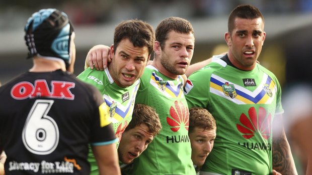 Spotlight on scrums: David Shillington, Shaun Fenson, Paul Vaughan, Jarrad Kennedy and Glen Buttriss of the Raiders line up against the Penrith Panthers in Canberra in May.