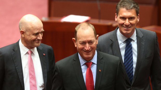 Senator Fraser Anning was escorted by Senator David Leyonhjelm and Senator Cory Bernardi at Parliament House on Monday, as he was sworn in as a One Nation senator. An hour later, he was an independent.