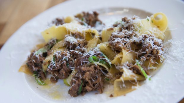 Pappardelle of slow cooked wallaby, spring onion, pecorino. 