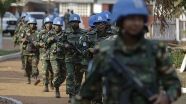 UN peacekeeping soldiers from Bangladesh arrive at the evangelical theological school of Bangui, Central African Republic, before the visit of Pope Francis on Sunday. 