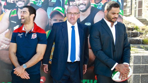Opposition Leader Luke Foley with league stars Anthony Minichiello (left) and Greg Inglis.