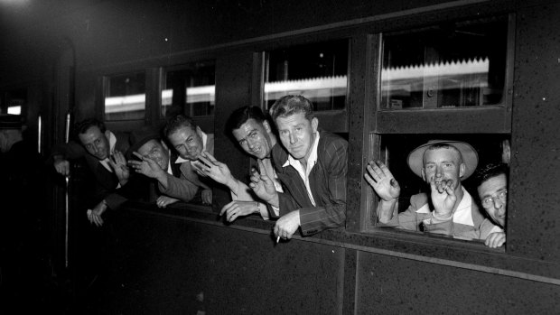 Miners return to Broken Hill on a special train after visiting Sydney in January 1953.