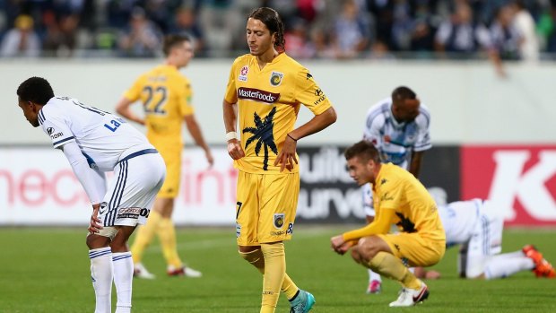 Stalemate: Francesco Stella reacts after the Mariners' draw with the Melbourne Victory at Simonds Stadium in Geelong.