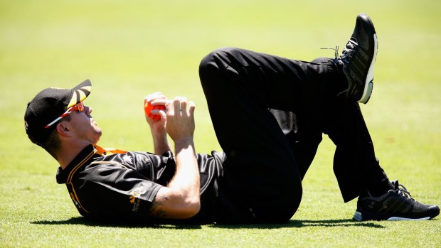 Kevin Pietersen warms up for the Monash Tigers before their Victorian Premier League match against St Kilda.