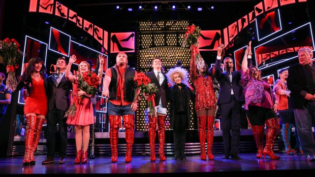 Cyndi Lauper (centre) with the cast of <i>Kinky Boots</i> at its LA opening.