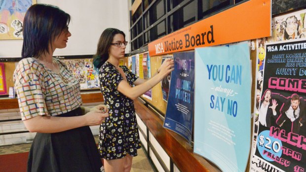 Ellen Perriment and Sophie Vassallo campaigning aganist sexual harassment at Monash University. 