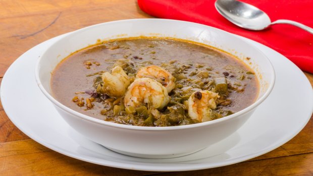 One dish Cajun meal of spicy shrimp gumbo with red beans and rice.