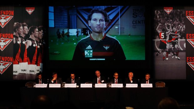 James Hird (top, on screen) and the Essendon board at the AGM.
