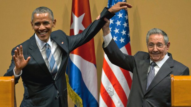 Cuban President Raul Castro and US President Barack Obama in Havana in March. Donald Trump pledged to undo Mr Obama's detente with Cuba.