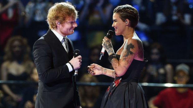 Co-hosts Ed Sheeran and Ruby Rose appear on stage during the MTV EMAs.