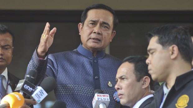 Thailand's Prime Minister Prayuth Chan-ocha speaks to reporters in Bangkok, Tuesday, Aug. 18, 2015.