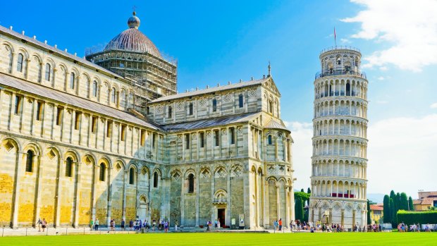 Pisa Cathedral complex in the Piazza del Duomo and the Leaning Tower.