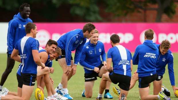 Jack Ziebell (centre) has a laugh with teammates during a training session on Tuesday.