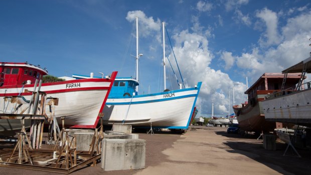 Two of the Vietnamese fishing boats in a Darwin boat yard on Thursday. 