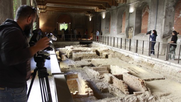 Filming the excavation site in the Sant'Orsola monastery in Florence on Thursday.
