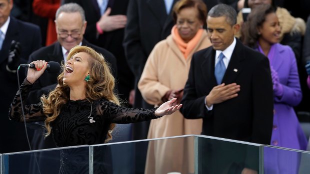 Beyonce sings the National Anthem at Barack Obama's inauguration in Washington in 2013.