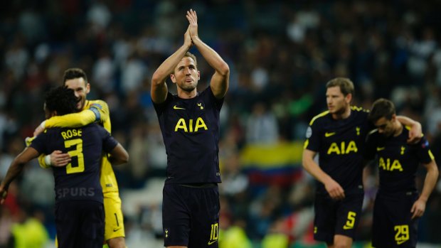 Tottenham's Harry Kane applauds fans at after the draw with Real Madrid.