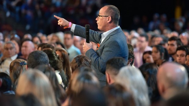 Fred Guttenberg asks Republican Senator Marco Rubio a question during the town hall meeting.