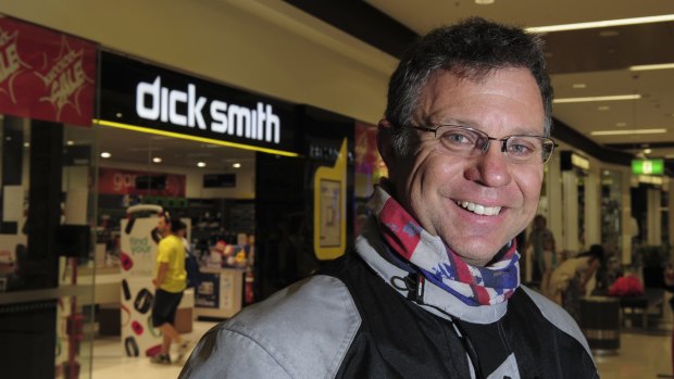 Dick Smith stores have gone into voluntary administration. Outside the Majura Park store is long time customer, Ray Arthurs, 50 of Conder, who hopes the stores survive.