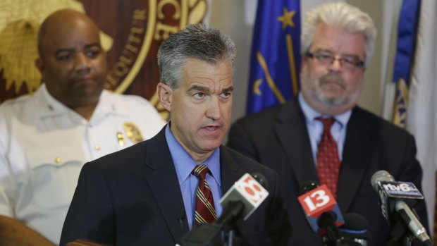 US Attorney Josh Minkler, centre, discusses the child-sex case against former Subway restaurant spokesman Jared Fogle following his hearing in Indianapolis.